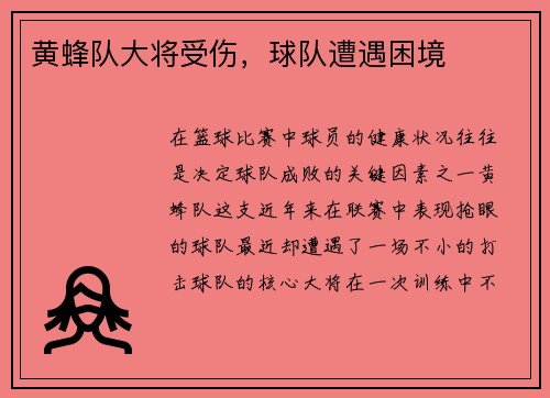 黄蜂队大将受伤，球队遭遇困境