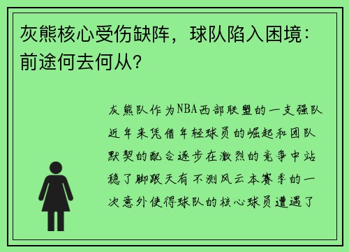 灰熊核心受伤缺阵，球队陷入困境：前途何去何从？